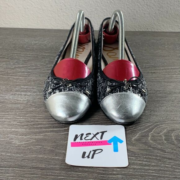 Women’s size 6-Sam Edelman Sara Black Silver Tweed Bow Cap Toe Ballet Flats - Picture 2 of 10